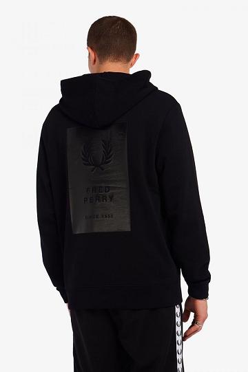 Black Fred Perry Printed Patch Hooded Sweatshrt Men's Sweatshirts | PH 1599EBCX